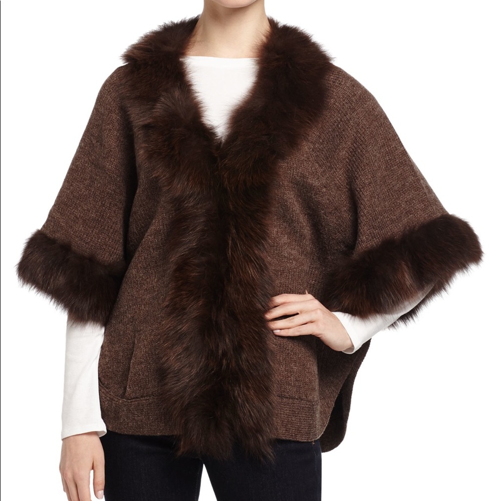 Adrienne landau brown kimono poncho with fox-fur